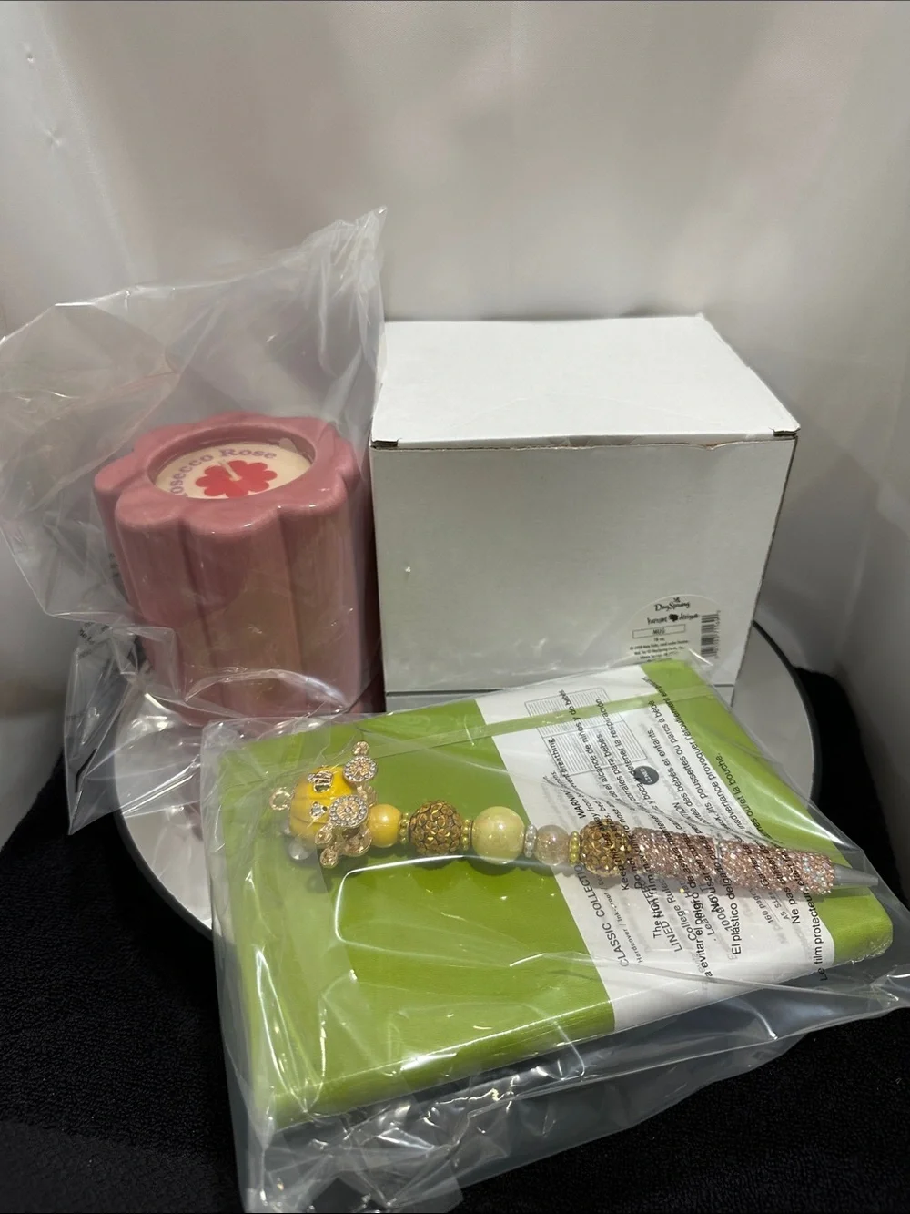 Pink Floral Candle Holder, Green Notebook & Decorative Beaded Pen Set & mug NWT